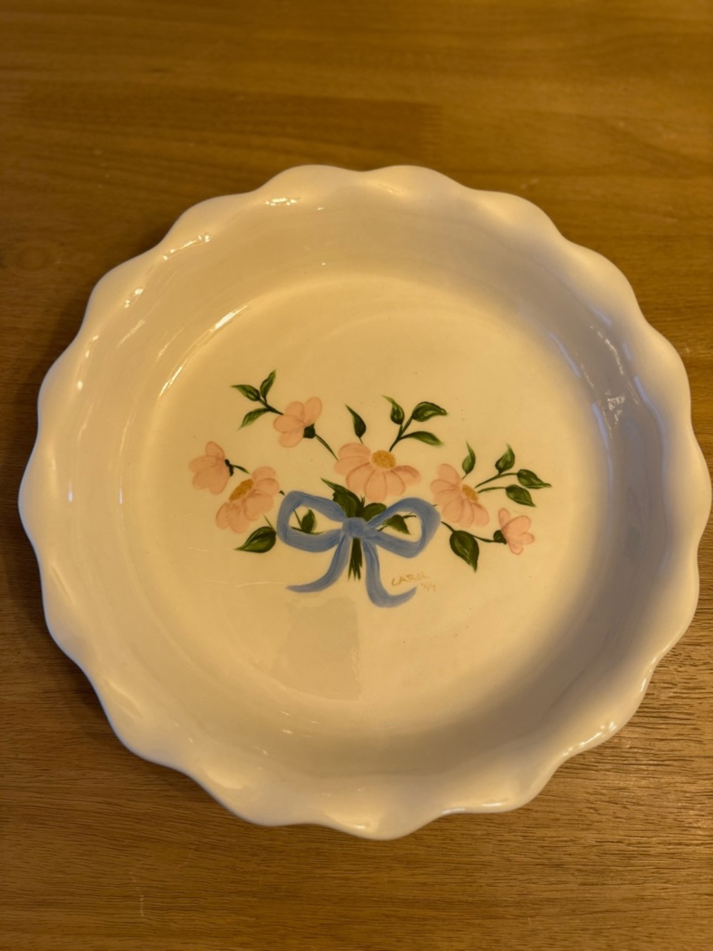 Vintage ceramic cottage core style hand painted pie plate with florals